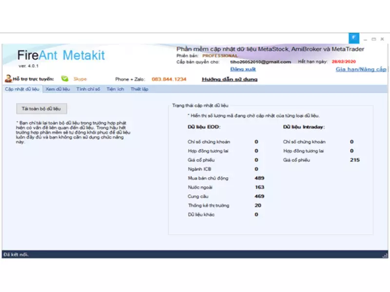 Giao diện phần mềm cập nhập dữ liệu chứng hàng ngày của Fireant Metakit