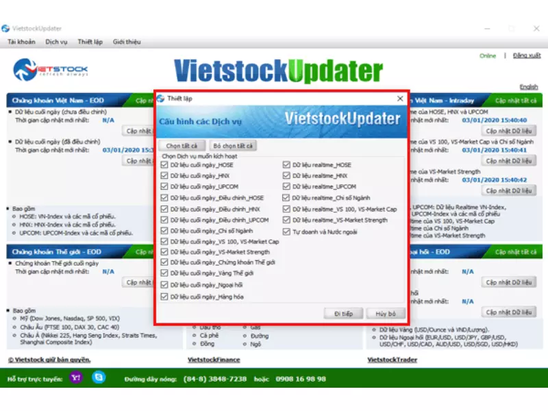 Thiết lập kích hoạt dữ liệu Amibroker Vietstock Updater
