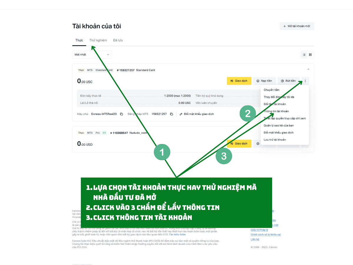 Hướng dẫn tìm thông tin tài khoản giao dịch Exness